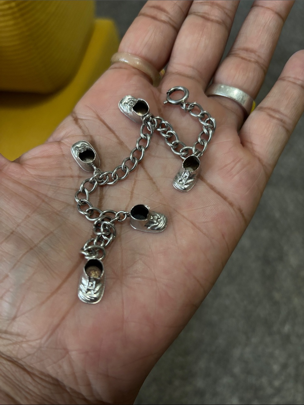 Sterling silver bootie charm bracelet marked Names Birthdates engraved boho rare
